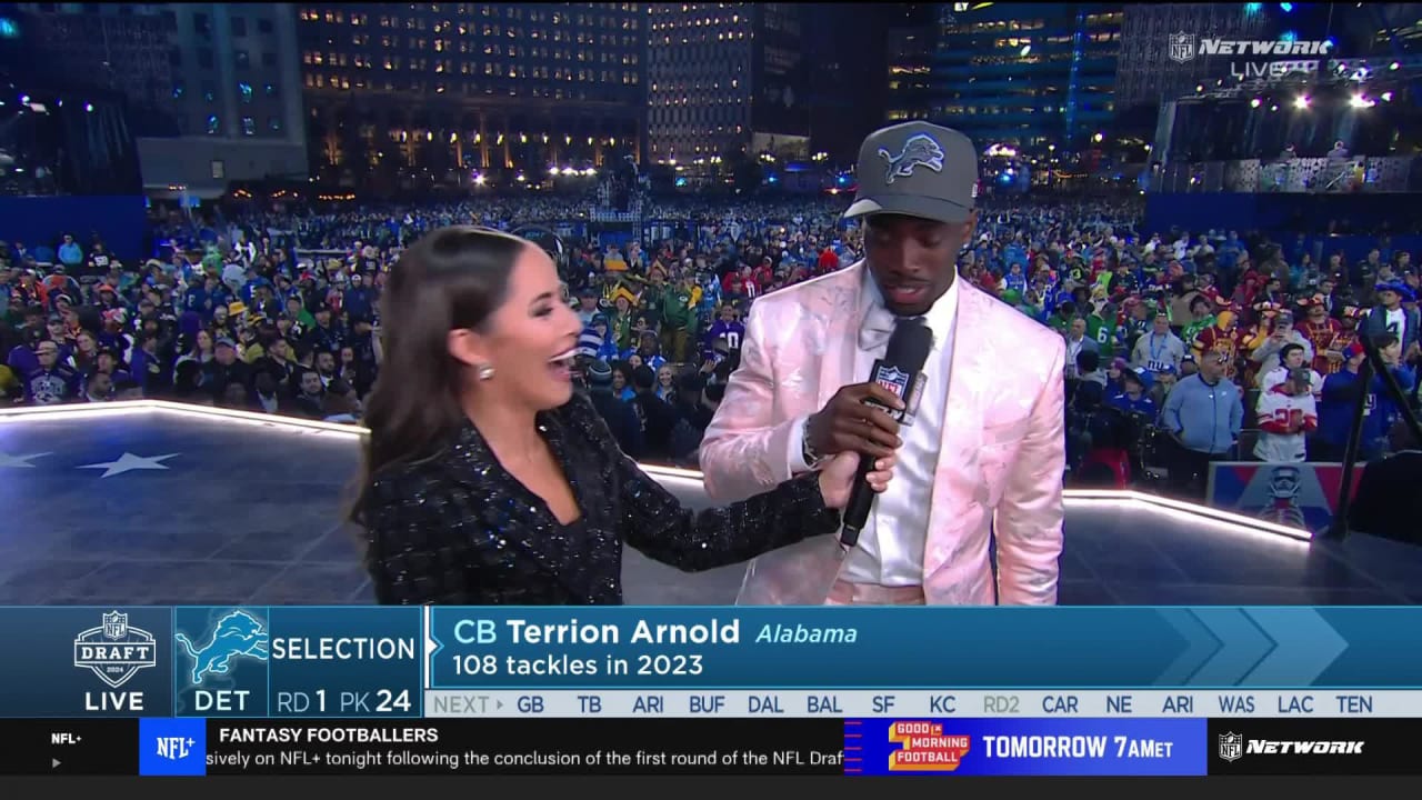 Terrion Arnold hypes up Lions fans on stage at 2024 Draft