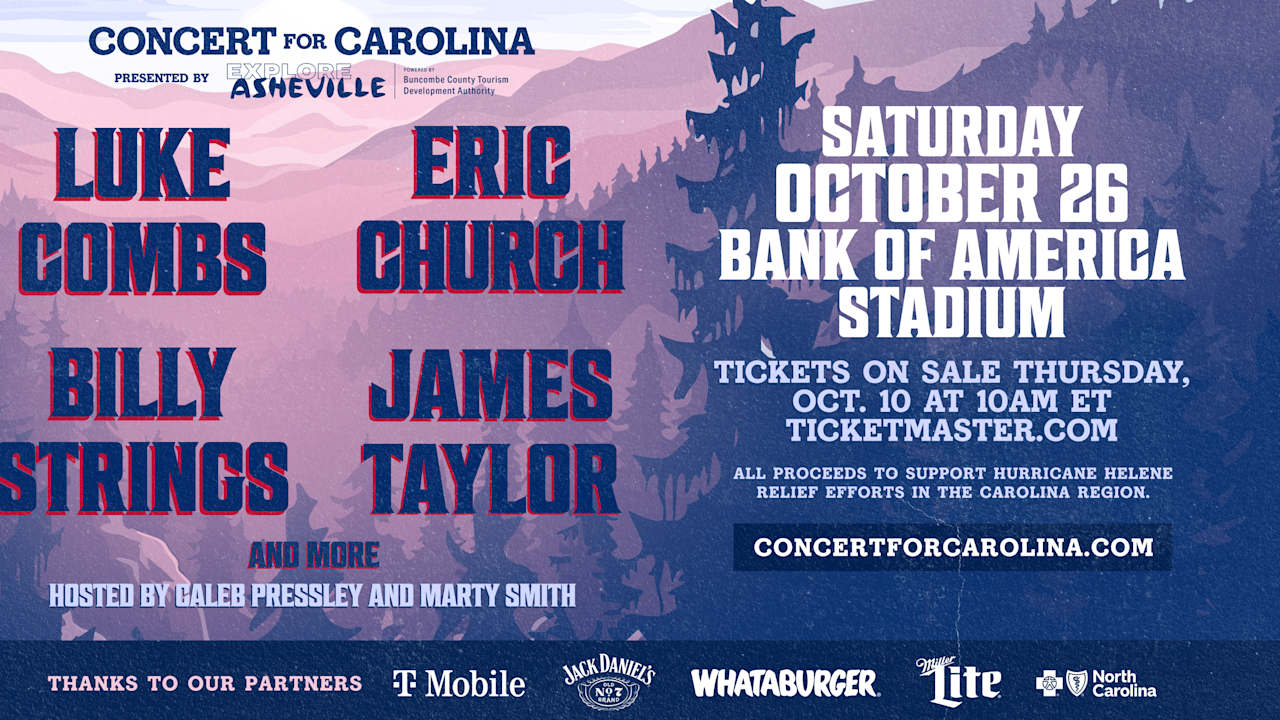 Luke Combs, Eric Church, Billy Strings and James Taylor come together for the “Concert for Carolina” at Bank of America Stadium