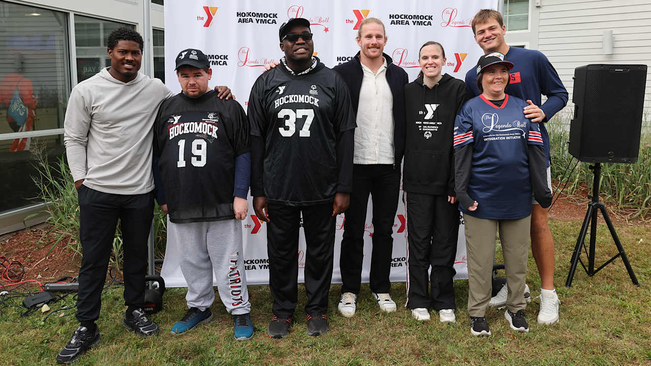 Brenden Schooler, Jonathan Jones and Drake Maye lead football drills with Special Olympics at Hockamock Area YMCA