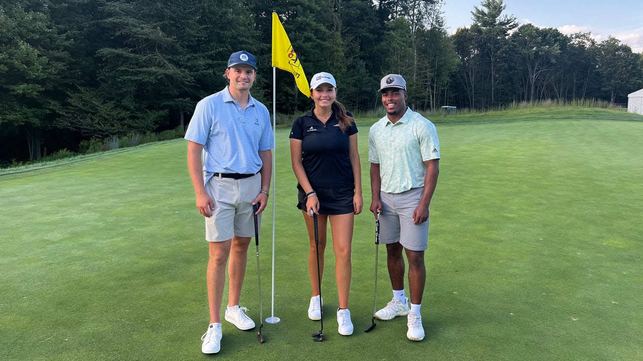 Bryce Baringer, Marcus Jones tee off with LPGA's Alexa Pano, bringing Patriots partnership full circle