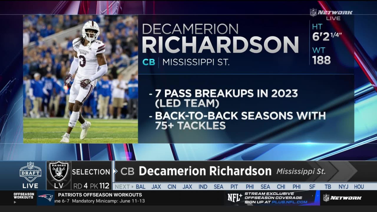 Cornerback Decamerion Richardson is a Raider 112th pick 2024 NFL Draft