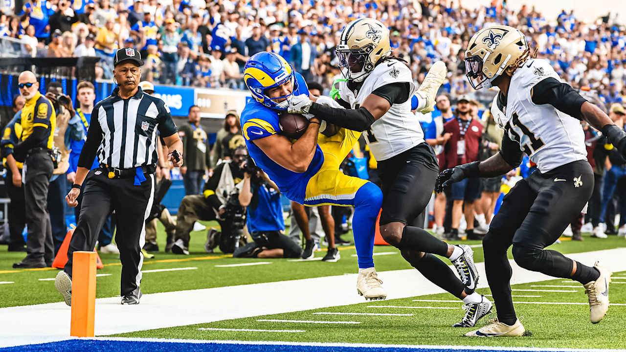 Image for HIGHLIGHTS: Rams WR Puka Nacua falls into the end zone on a 39-yard touchdown catch against Saints