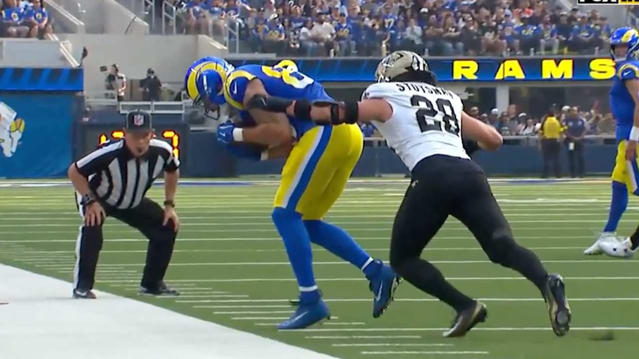 Image for HIGHLIGHTS: Rams TE Tyler Higbee toe taps the turf following a 4-yard pass from QB Matthew Stafford against the Saints