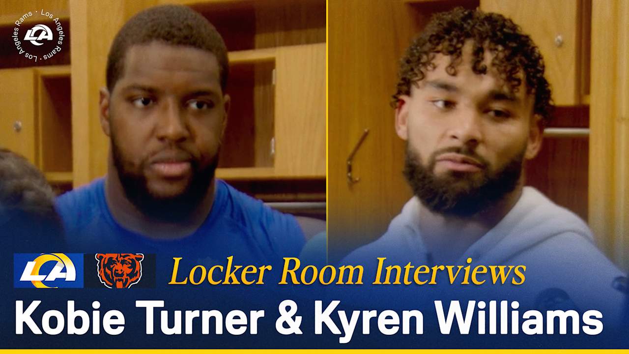 Los Angeles Rams running back Kyren Williams and defensive end Kobie Turner postgame locker room