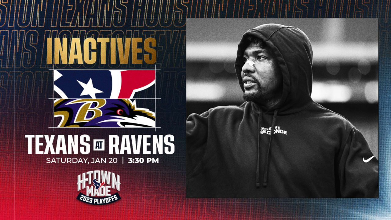 The Houston Texans released their inactives for Saturday's Divisional Round playoff game at Baltimore, and the same five who didn't play last week in the victory over Cleveland are inactive again today against the Ravens. - Vimarsana News