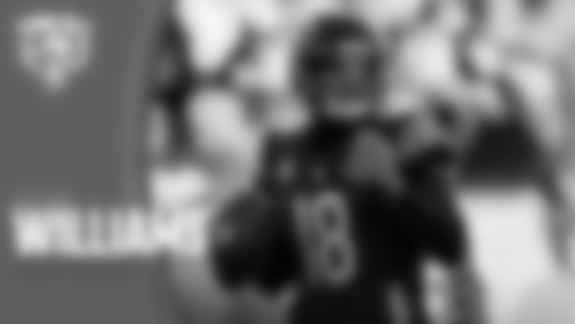 Quarterback Caleb Williams addresses the media Tuesday at Halas Hall.