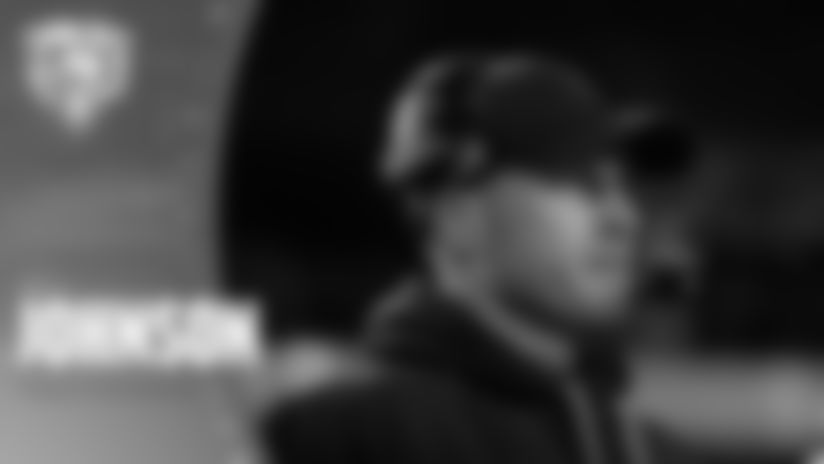 Head coach Ben Johnson addresses the media after the Bears' 31-27 wild card win over the Green Bay Packers at Soldier Field.