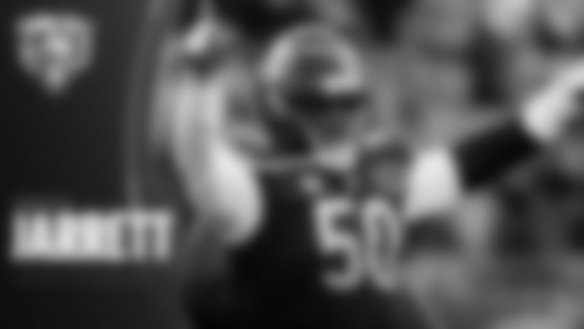 Defensive lineman Grady Jarrett addresses the media Tuesday at Halas Hall.