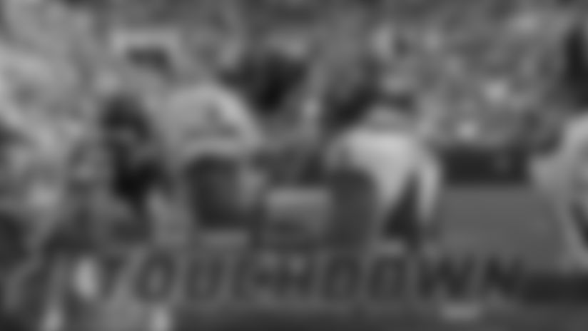 RB Sean Tucker scores a touchdown against the Carolina Panthers in Week 16 of the 2025 NFL season.