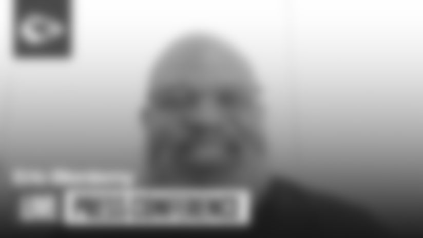 Eric Bieniemy speaks to the media on Wednesday, January 28.