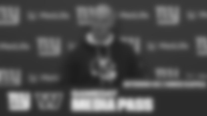 Interim head coach Mike Kafka speaks to the media Sunday after the Giants' loss to the Commanders.