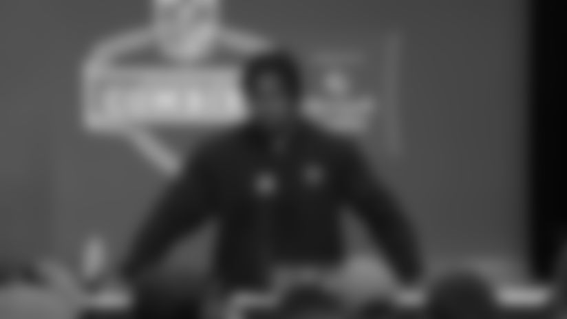 Penn State Nittany Lions running back Nick Singleton talks to the media at the 2026 NFL Scouting Combine.