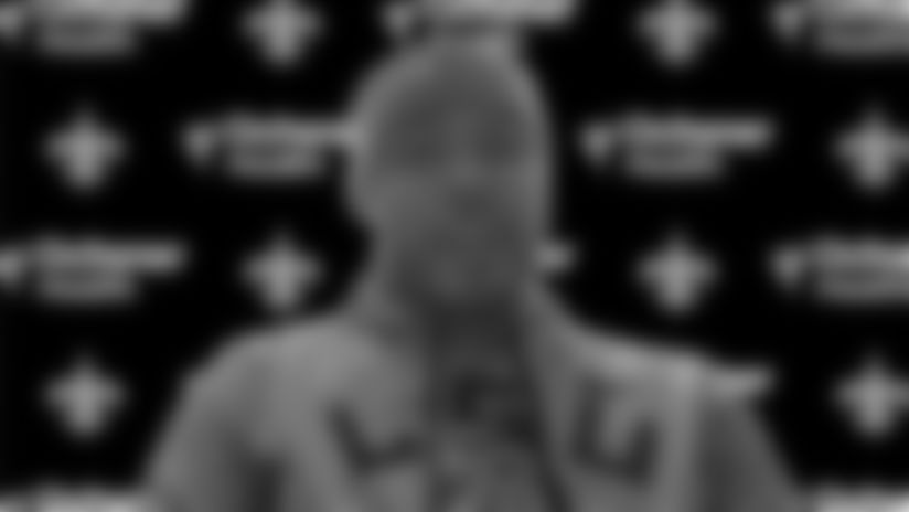 New Orleans Saints safety Tyrann Mathieu speaks with the media after agreeing to terms on a two-year contract with the Saints ahead of the 2024 NFL season.