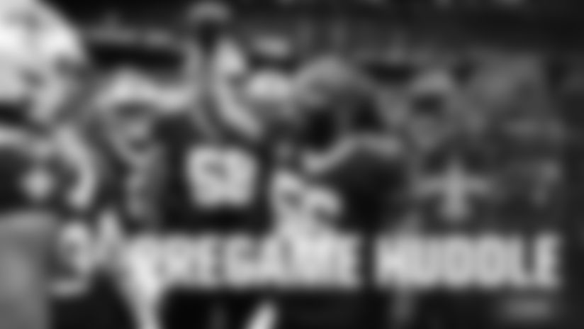 New Orleans Saints linebacker Demario Davis leads the Saints Pregame Huddle ahead of their game against the Carolina Panthers in Week 15 of the 2025 NFL season.