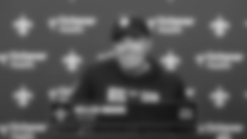 New Orleans Saints head coach Kellen Moore speaks with the media from the Ochsner Sports Performance Center on Friday, December 12, 2025 ahead of Week 15 vs the Carolina Panthers.