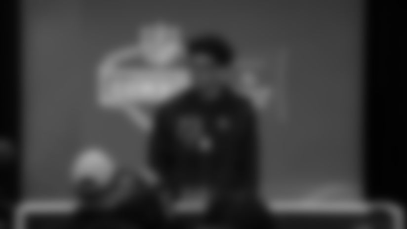 Oregon Ducks tight end Kenyon Sadiq talks to the media at the 2026 NFL Scouting Combine.