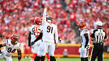 Bengals DE Trey Hendrickson celebrates a tackle for loss in the fourth quarter against the Kansas City Chiefs at Arrowhead Stadium, Sunday, September 15, 2024.