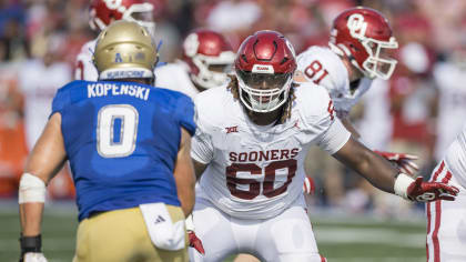 Oklahoma offensive lineman Tyler Guyton (60) during the first half of an NCAA college football game against Tulsa, Saturday, Sept. 16, 2023, in Tulsa, Okla. (AP Photo/Alonzo Adams)