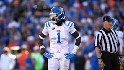 Mississippi defensive end Princely Umanmielen (1) sets up for a play against Florida during the second half of an NCAA college football game, Saturday, Nov. 23, 2024, in Gainesville, Fla. (AP Photo/Phelan M. Ebenhack)