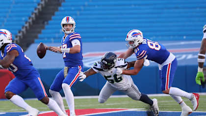 Josh Allen (17), Tyler Kroft (81). Buffalo Bills vs Seattle Seahawks, November 8, 2020 at Bills Stadium.
  Photo by Bill Wippert