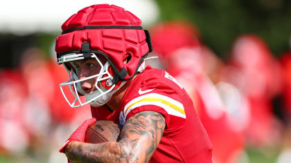 Kansas City Chiefs running back Louis Rees-Zammit (9) during day 1 of rookie camp at Missouri Western State University on Wednesday, July 17, 2024 in St. Joseph, MO.