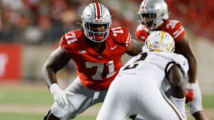 FILE -  Ohio State offensive lineman Josh Simmons blocks against Western Michigan during an NCAA college football game Saturday, Sept. 7, 2024, in Columbus, Ohio. (AP Photo/Jay LaPrete, File)