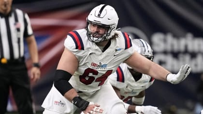 East's Hunter Nourzad, of Penn State, defends against the rush during the East West Shrine Bowl NCAA college football game in Frisco, Texas, Thursday, Feb. 1, 2024. (AP Photo/Tony Gutierrez)