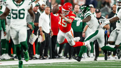 Kansas City Chiefs quarterback Patrick Mahomes (15) dives with the ball during the regular season Week 4 NFL Football Game on Sunday, October 1, 2023 at MetLife Stadium in East Rutherford, NJ.