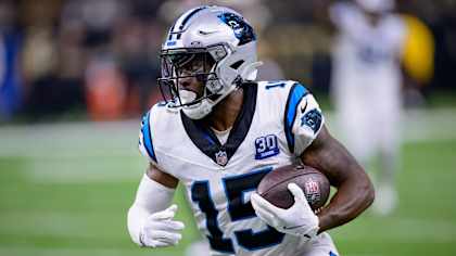 Carolina Panthers wide receiver Jonathan Mingo (15) runs during an NFL football game against the New Orleans Saints in New Orleans, Sunday, Sept. 8, 2024. (AP Photo/Matthew Hinton)