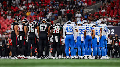 Prayer circle during the Preseason Game against the Detroit Lions at Mercedes-Benz Stadium in Atlanta, Georgia on Friday, August 8, 2025. (Photo by Casey Sykes/Atlanta Falcons)