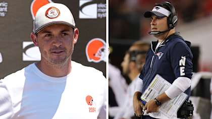 Cleveland Browns passing game specialist and tight ends coach Tommy Rees (left) and former Patriots offensive coordinator Josh McDaniels