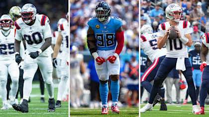 Patriots DL Christian Barmore (left), Titans DL Jeffery Simmons (center), and Patriots QB Drake Maye (right).