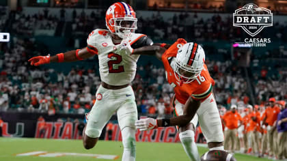 Clemson cornerback Nate Wiggins (2) breaks up a pass intended for Miami wide receiver Isaiah Horton (16) during the second half of an NCAA college football game, Saturday, Oct. 21, 2023, in Miami Gardens, Fla.