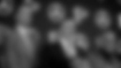 Atlanta Falcons' President of Football Matt Ryan, head coach Kevin Stefanski, owner Arthur Blank, from left, pose for a photo during a NFL Atlanta Falcons news conference, Tuesday, Jan. 27, 2026, in Atlanta. (AP Photo/Mike Stewart)