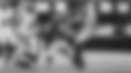 Los Angeles Rams cornerback Cobie Durant intercepts Tampa Bay Buccaneers quarterback Baker Mayfield's pass for a touchdown return at SoFi Stadium.