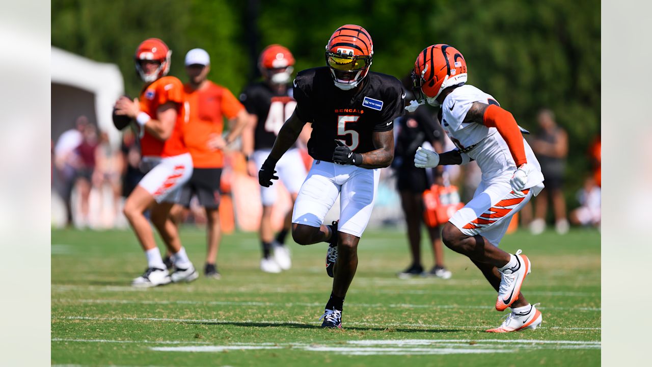 WR Tee Higgins runs a route during training camp at Kettering Health Practice Fields, Wednesday, July 30, 2025.