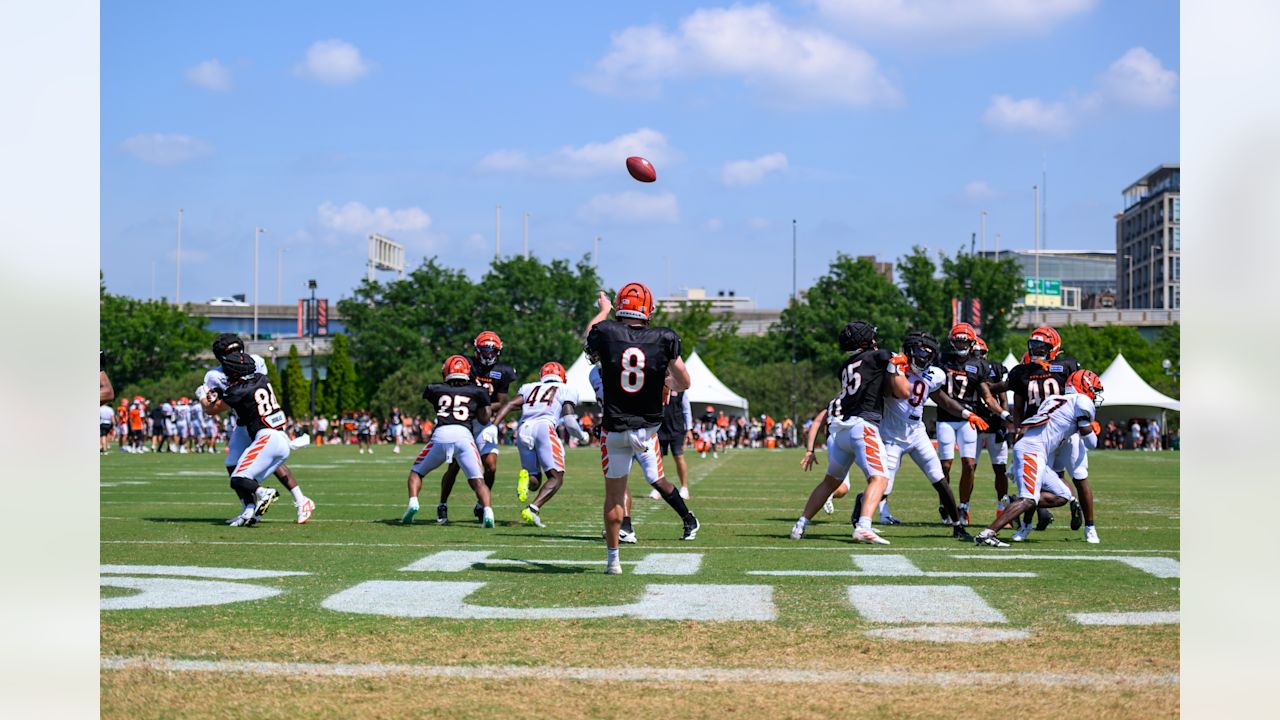 P Ryan Rehkow punts the ball during training camp at Kettering Health Practice Fields, Wednesday, July 30, 2025.