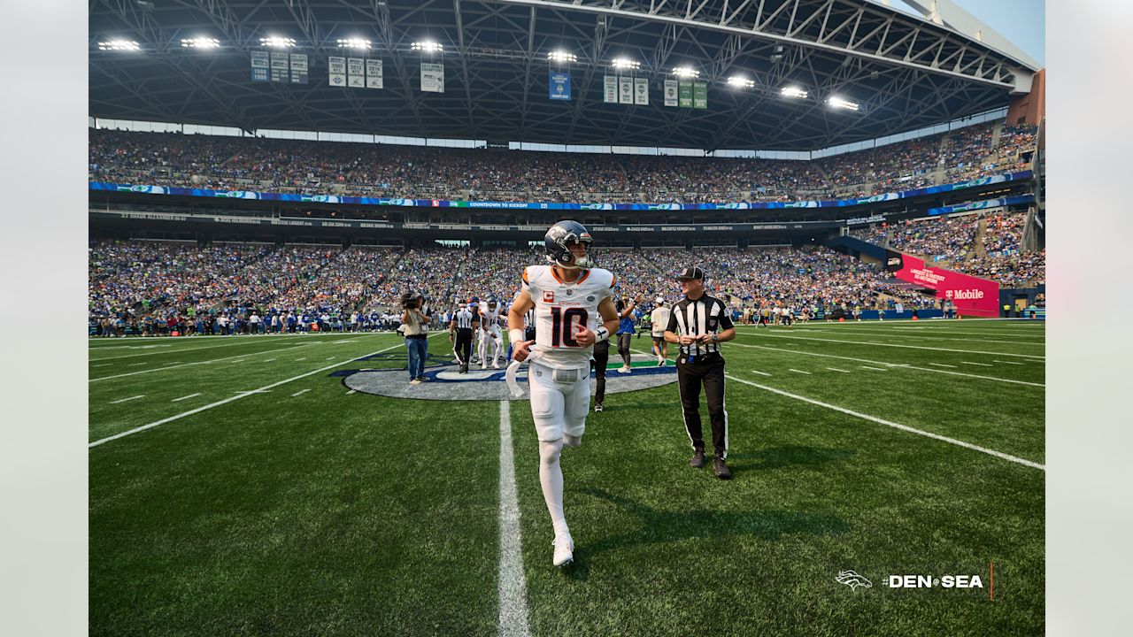 Bo Nix (10) before the Broncos' Week 1 game against the Seattle Seahawks at Lumen Field in Seattle, Washington on September 8, 2024. Photo by Gabriel Christus / Denver Broncos