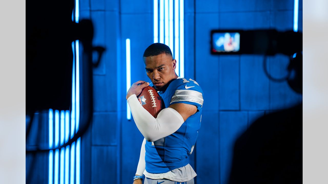 Detroit Lions wide receiver Amon-Ra St. Brown (14) posing on set during the 2025 media day at the Meijer Performance Center on June 2, 2025 in Allen Park, Mich. (Katie Quinlan/Detroit Lions)