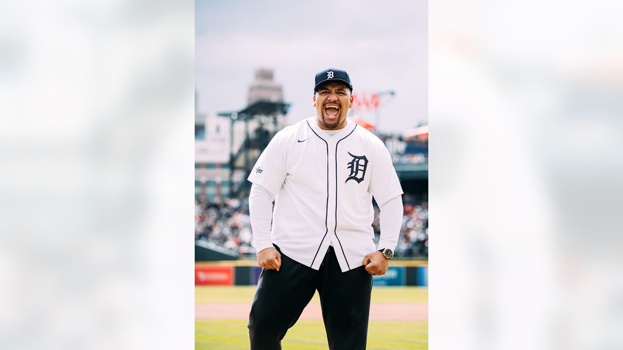 Penei Sewell before a game against the Oakland Athletics at Comerica Park in Detroit, Michigan on April 5, 2024. (Allison Farrand / Ilitch Sports)