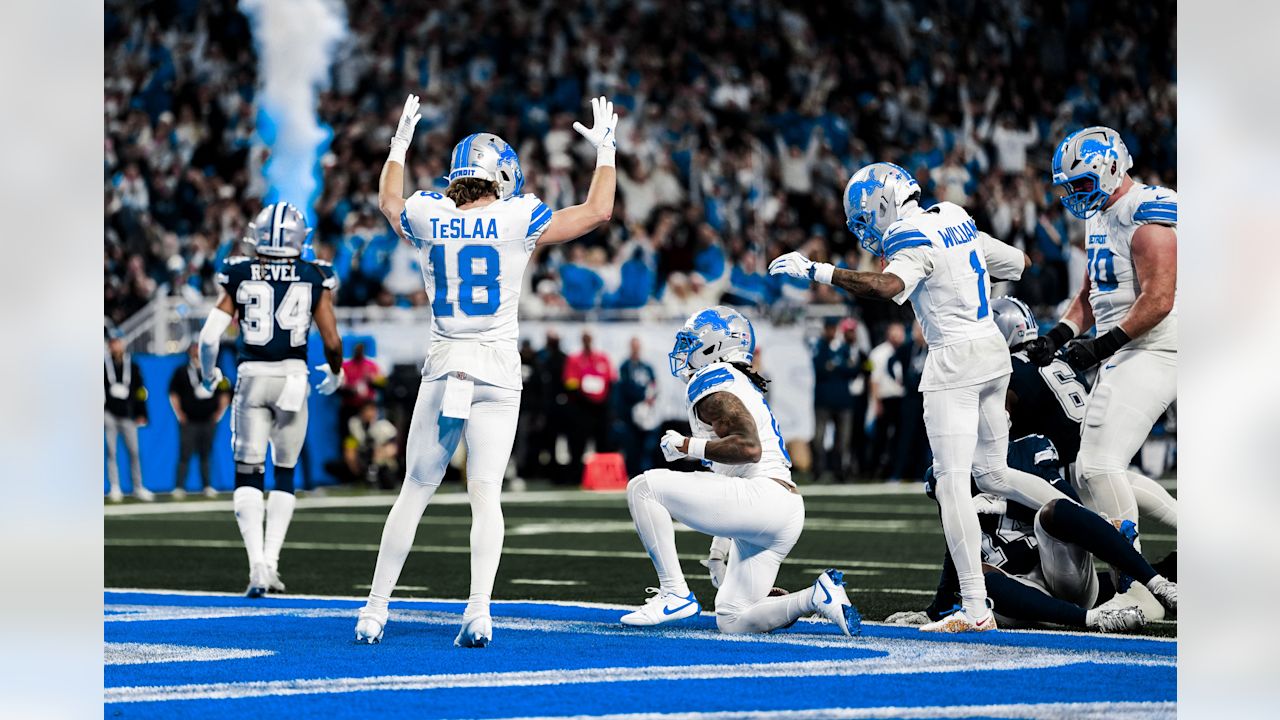 Detroit Lions running back Jahmyr Gibbs (0) scores a touchdown during an NFL football game against the Dallas Cowboys on Thursday, Dec. 4, 2025 in Detroit. (Jeff Nguyen/Detroit Lions via AP)