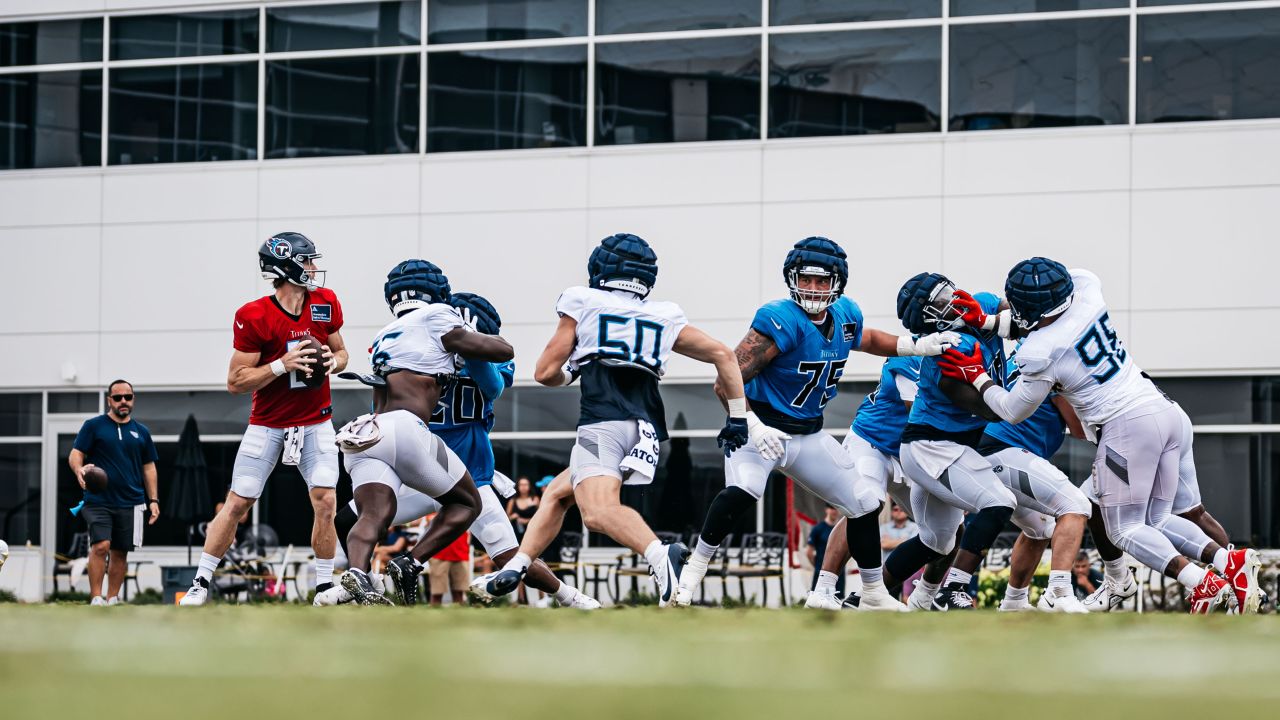 Running back Tony Pollard #20 of the Tennessee Titans Quarterback Will Levis #8 of the Tennessee Titans Defensive tackle Jeffery Simmons #98 of the Tennessee Titans Linebacker Jack Gibbens #50 of the Tennessee Titans Offensive lineman Dillon Radunz #75 of the Tennessee Titans during fall camp practice at the Ascension Saint Thomas Sports Park  in Nashville, TN. Photo By Nate Sparks/Tennessee Titans