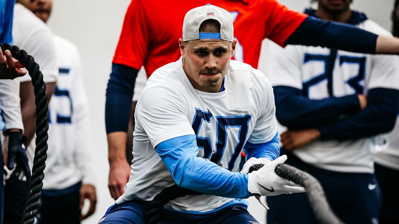 Linebacker Cody Barton #50 of the Tennessee Titans during phase 2 workouts at the Ascension Saint Thomas Sports Park on May 19, 2025 in Nashville, TN. Photo By Donald Page/Tennessee Titans