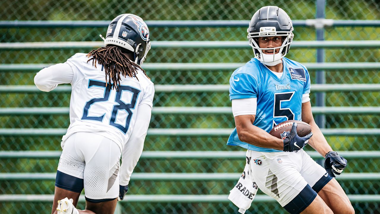 Cornerback Jermari Harris #28 of the Tennessee Titans and Wide receiver Elic Ayomanor #5 of the Tennessee Titans during phase 3 practice at the Ascension Saint Thomas Sports Park on June 5, 2025 in Nashville, TN. Photo By Donald Page/Tennessee Titans