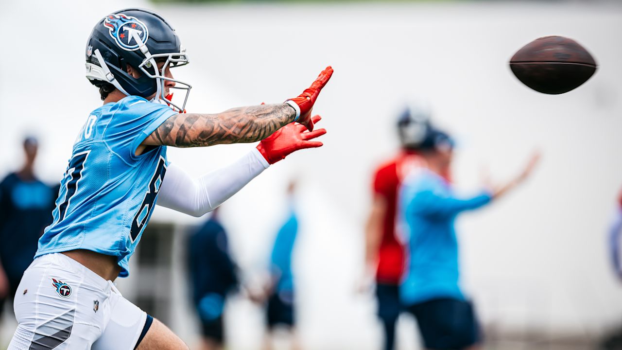 Wide receiver Xavier Restrepo #87 of the Tennessee Titans during phase 3 practice at the Ascension Saint Thomas Sports Park on May 28, 2025 in Nashville, TN. Photo By Donald Page/Tennessee Titans