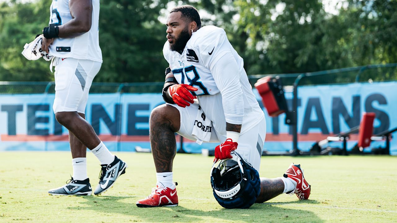 Defensive tackle Jeffery Simmons #98 of the Tennessee Titans during training camp practice at the Ascension Saint Thomas Sports Park on July 30, 2025 in Nashville, TN. Photo By Beau Brune/Tennessee Titans