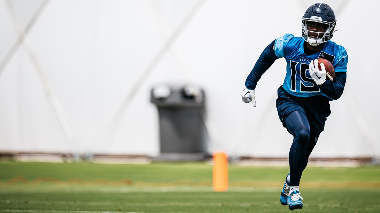 Wide receiver Jha'Quan Jackson #19 of the Tennessee Titans during minicamp practice at Saint Thomas Sports Park on June 05, 2024 in Nashville, TN. Photo By Jessie Rogers/Tennessee Titans