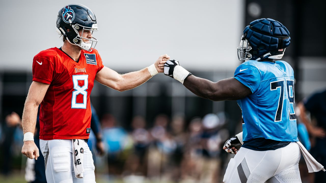 Quarterback Will Levis #8 of the Tennessee Titans and Center Lloyd Cushenberry III #79 of the Tennessee Titans during fall camp practice on August 8, 2024 at the Ascension Saint Thomas Sports Park in Nashville, TN. Photo By Donald Page/Tennessee Titans