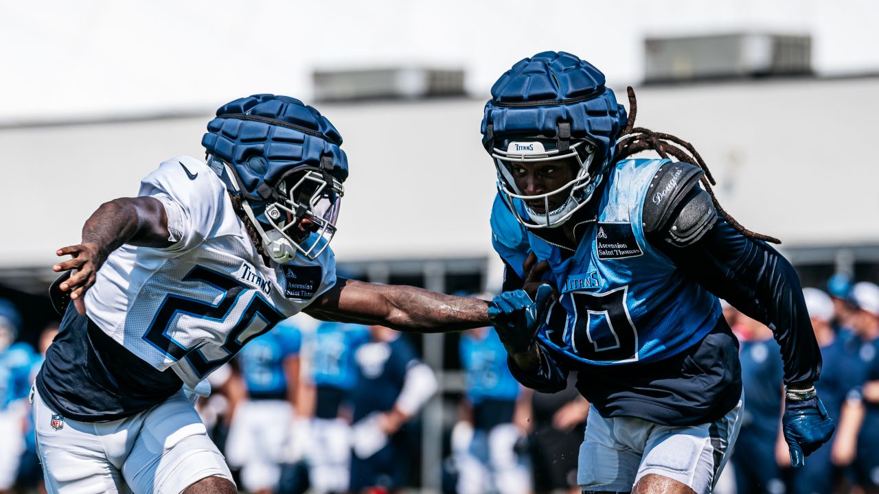 Cornerback Jarvis Brownlee Jr. #29 of the Tennessee Titans and Wide receiver DeAndre Hopkins #10 of the Tennessee Titans during training camp practice on July 30, 2024 in Nashville, TN. Photo By Jessie Rogers/Tennessee Titans