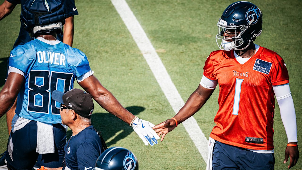 Wide receiver Bryce Oliver #80 of the Tennessee Titans and Quarterback Cam Ward #1 of the Tennessee Titans during training camp practice at the Ascension Saint Thomas Sports Park on July 24, 2025 in Nashville, TN. Photo By Donald Page/Tennessee Titans
